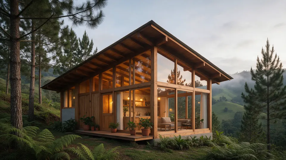 Cabaña de madera y vidrio entre pinos y niebla en las montañas de Santa Elena, Antioquia