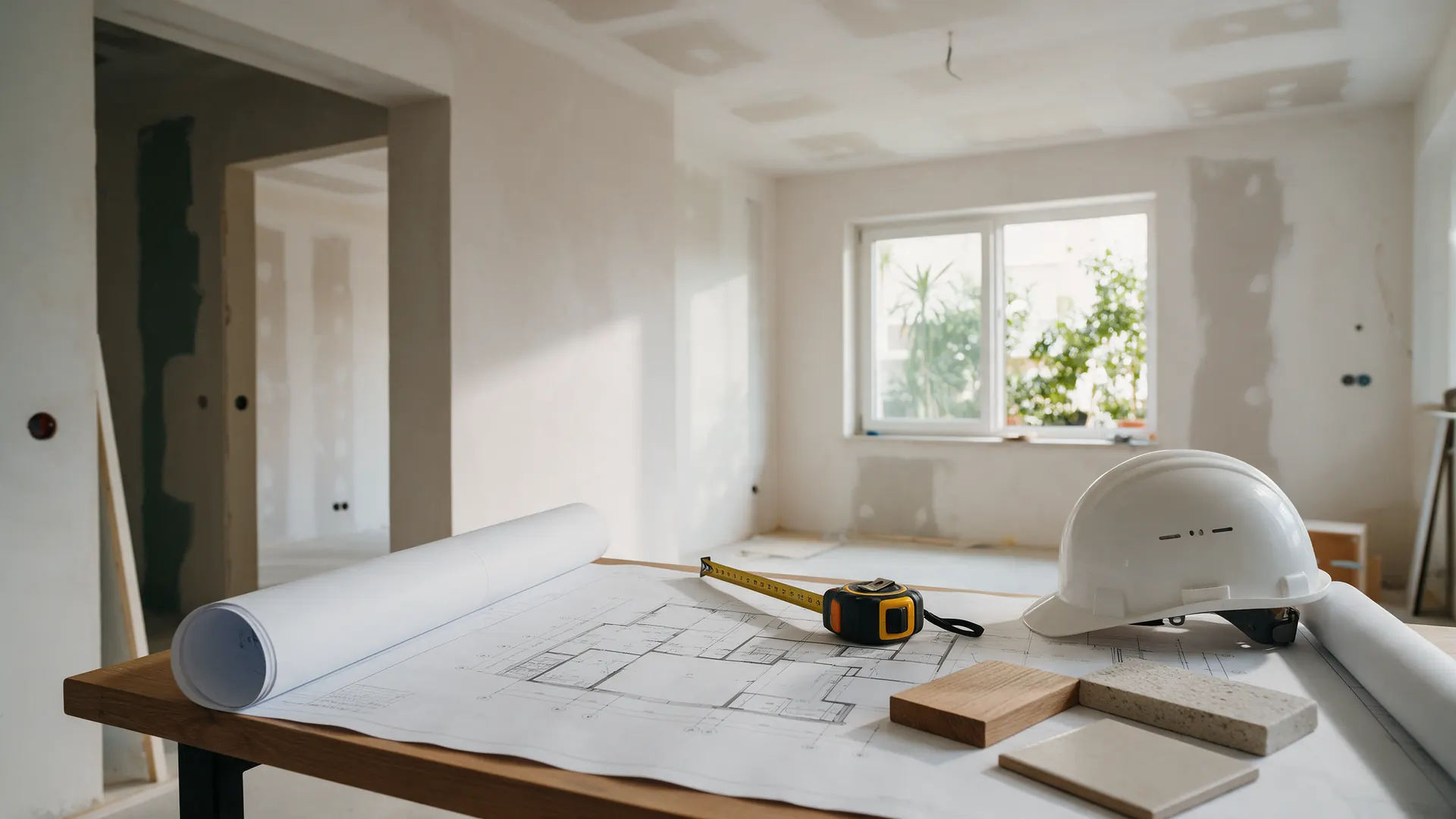 Planos, casco blanco y muestras de materiales sobre una mesa en un apartamento en remodelación